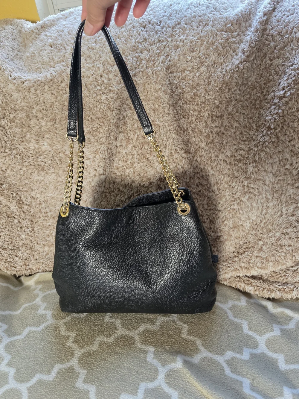 Michael Kors Black Pebbled Leather Shoulder Bag with Gold Accents